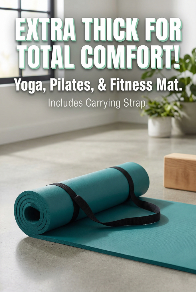 Extra thick high-density yoga mat with carrying strap for floor exercises and joint support - Bombsurace Finds.
